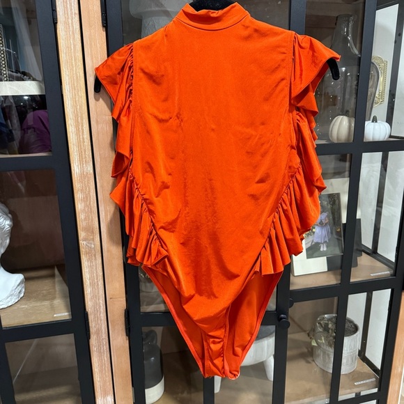 ASOS Swim one piece ruffle swimsuit bodysuit high neck mock scoop open back tie - Picture 5 of 5